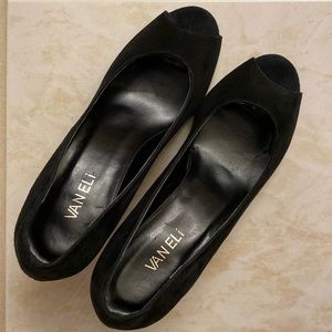 Vaneli, Size 8M, black suede, open-toed pumps. 2.5” heel. Never worn.